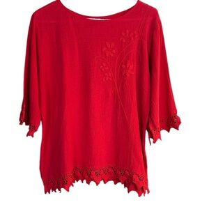 Elegant Red Blouse with Floral Embroidery